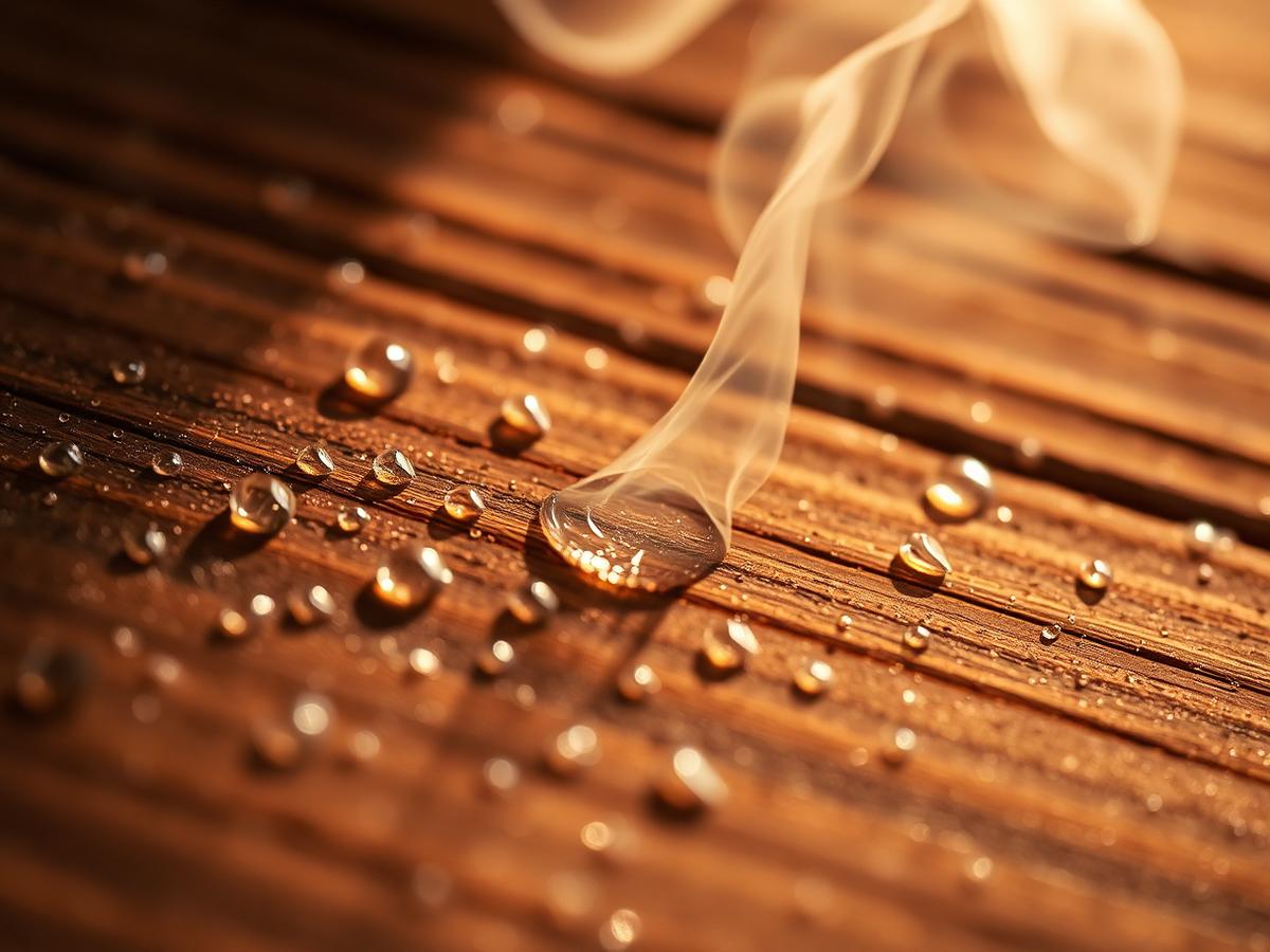 Steam rising on thermowood surface with water droplets